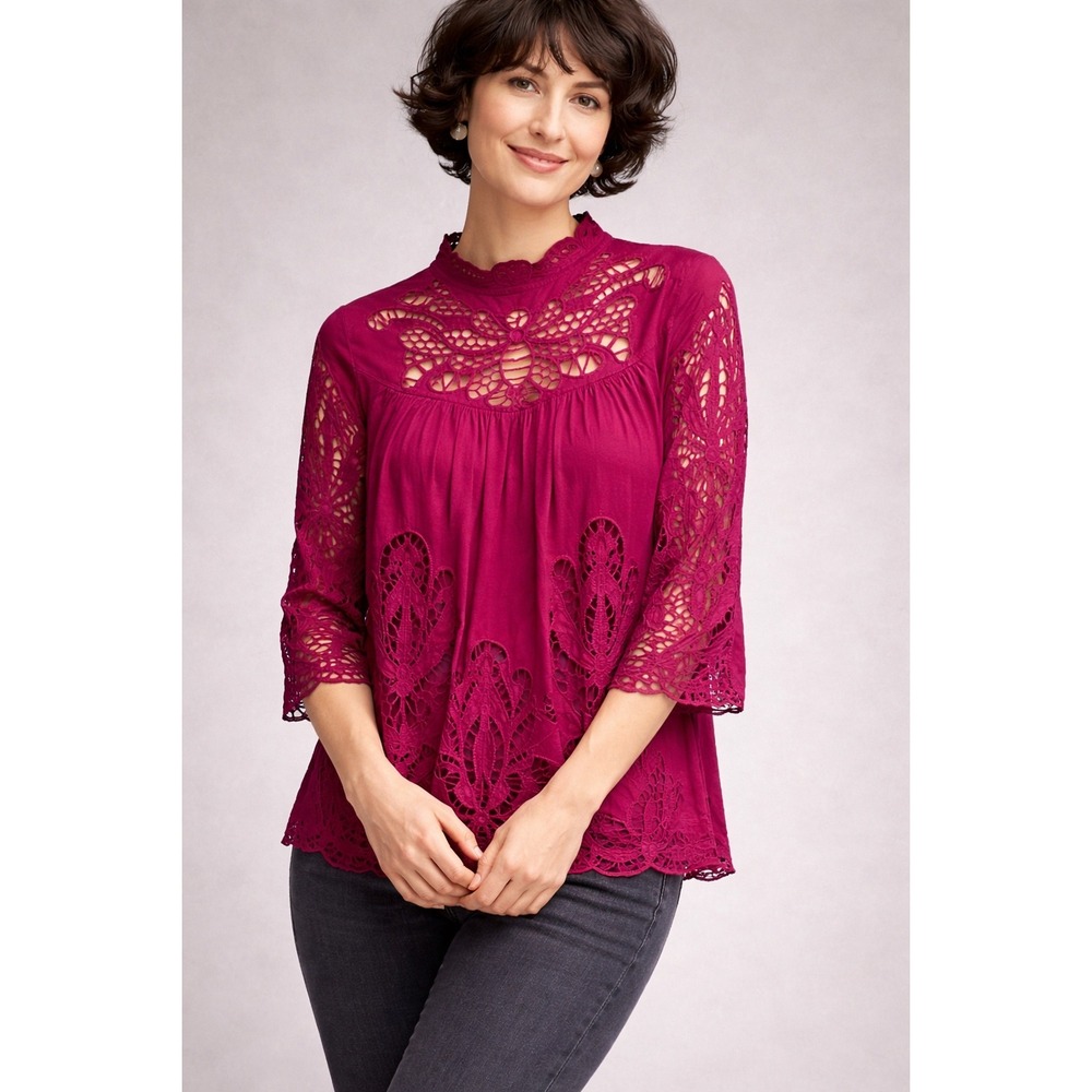 Harlyn Anthropologie Lace Cutout High Neck Blouse‎ Berry Magenta Women's L Boho